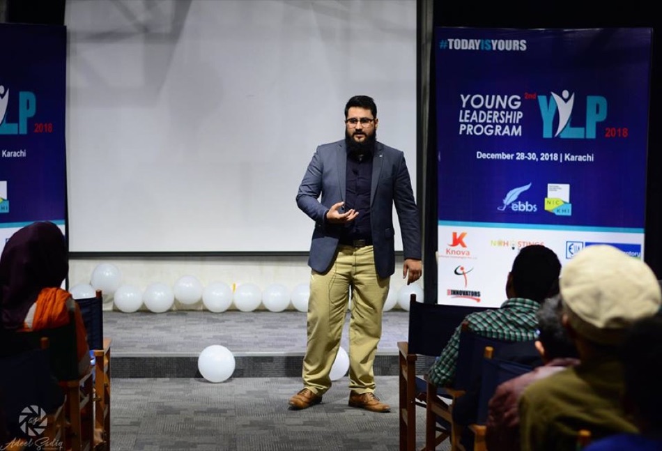 Muhammad Salman Ali Khan speaking at the Young Leadership Program 2018, Karachi