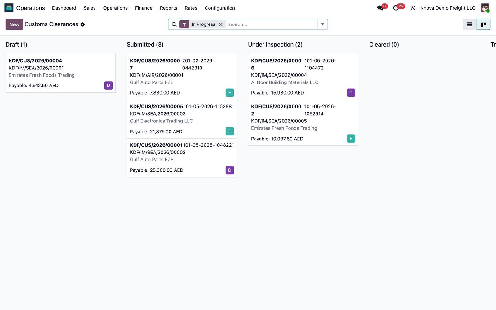 Knova Freight UAE customs clearance board in Odoo with declarations by stage and payable duty on each card